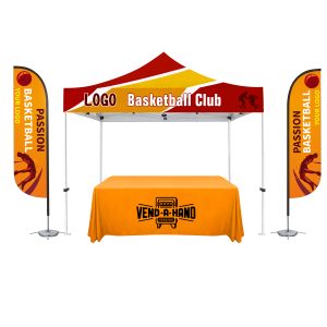 10’X10′ Deluxe White Steel Frame, Dye Sub Canopy, Two 11′ Feather Flag & 6′ Custom Table Throw