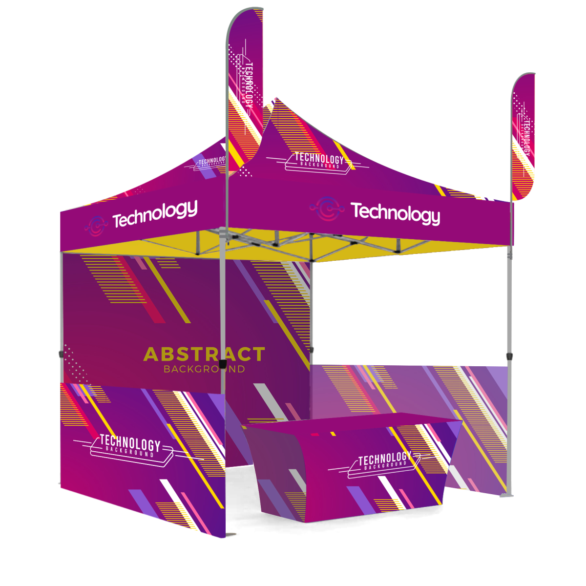 10' X 10' Premium Hex Aluminum Frame, Dye Sub Canopy, 3 Walls, Two 9' Feather Flags & 6' Table Cover