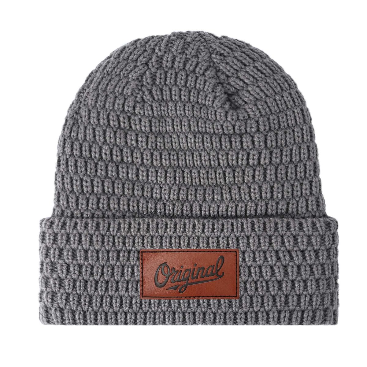 Fleece Lined Knit Beanie With Custom Leather Patch