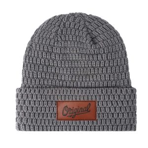 Fleece Lined Knit Beanie With Custom Leather Patch