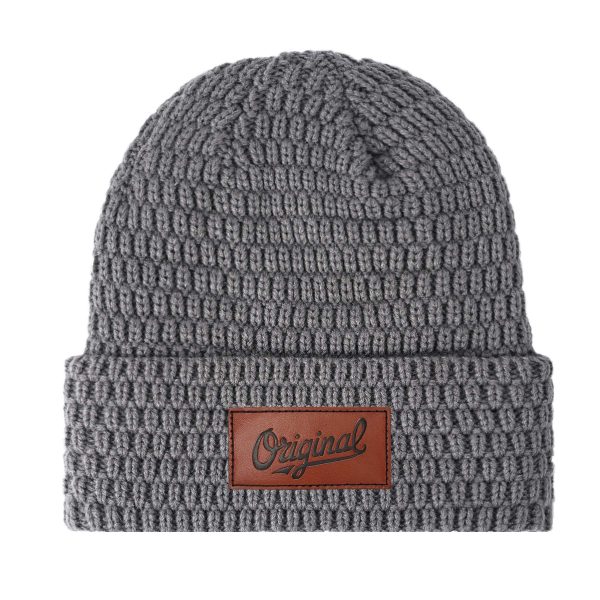 Fleece Lined Knit Beanie With Custom Leather Patch
