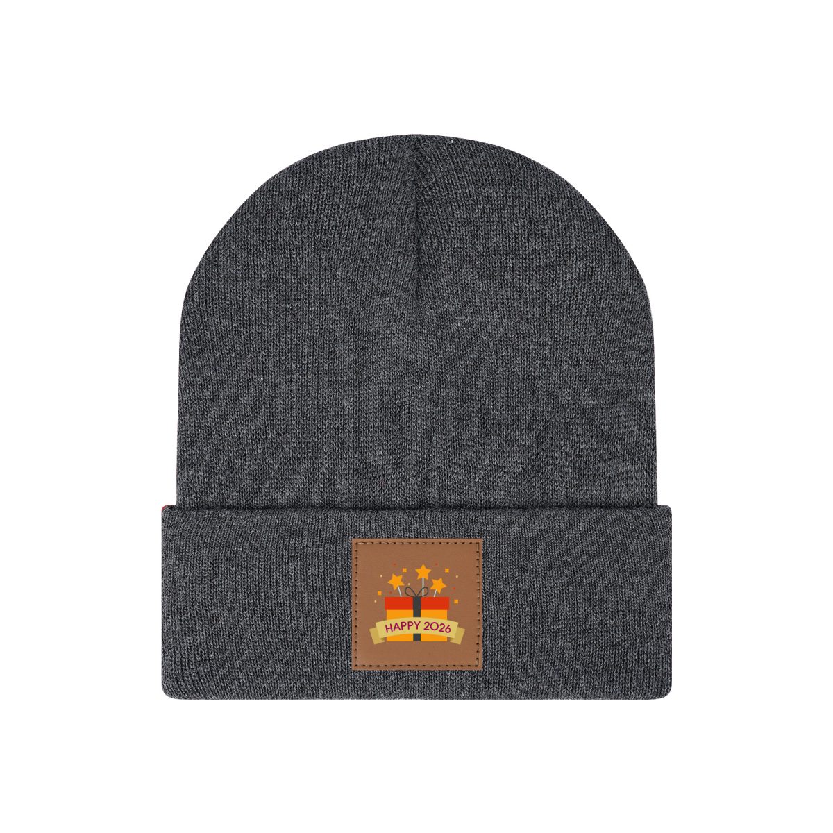 Cuffed Knit Beanie With PU Leather Patch