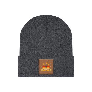 Cuffed Knit Beanie With PU Leather Patch