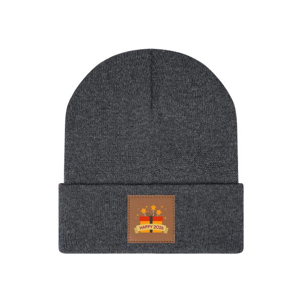 Cuffed Knit Beanie With PU Leather Patch