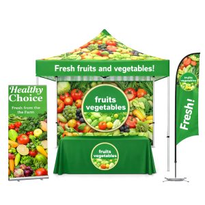 Aluminum Event Tent Package #1 – Tent + Full Back Wall + Throw + Banner Stand + Feather Flag