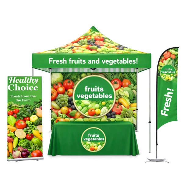 Aluminum Event Tent Package #1 – Tent + Full Back Wall + Throw + Banner Stand + Feather Flag