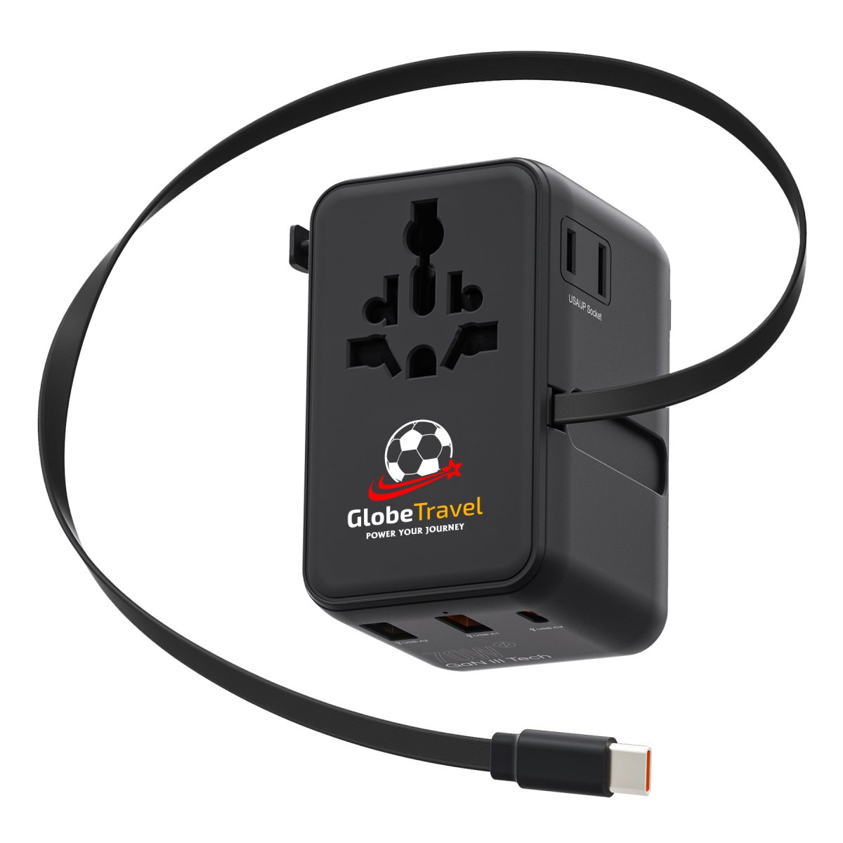 70W Universal Travel Adapter With Retractable Charging Cable