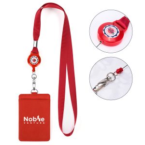 PU Leather ID Badge Holder With Retractable Badge Reel Lanyard