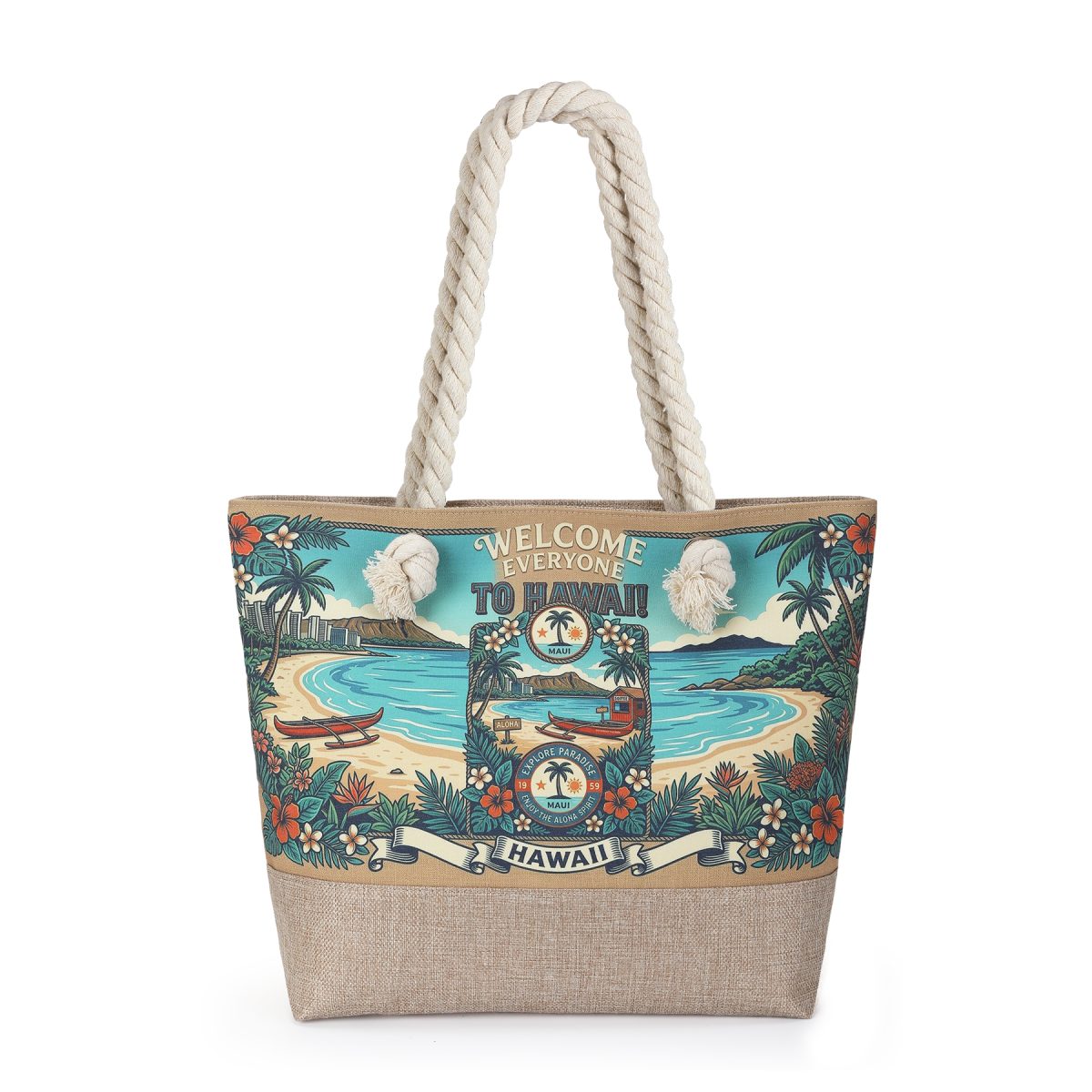 Beach Tote With Top Zipper Closure & Rope Handles