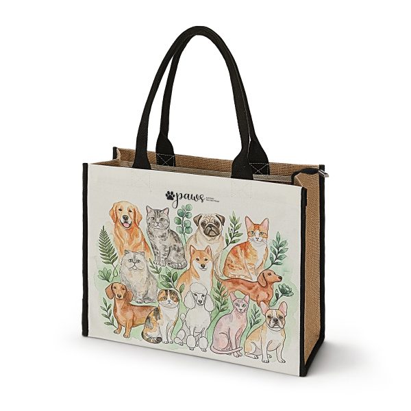 Large Full Bleed Print Jute Tote With Top Zipper